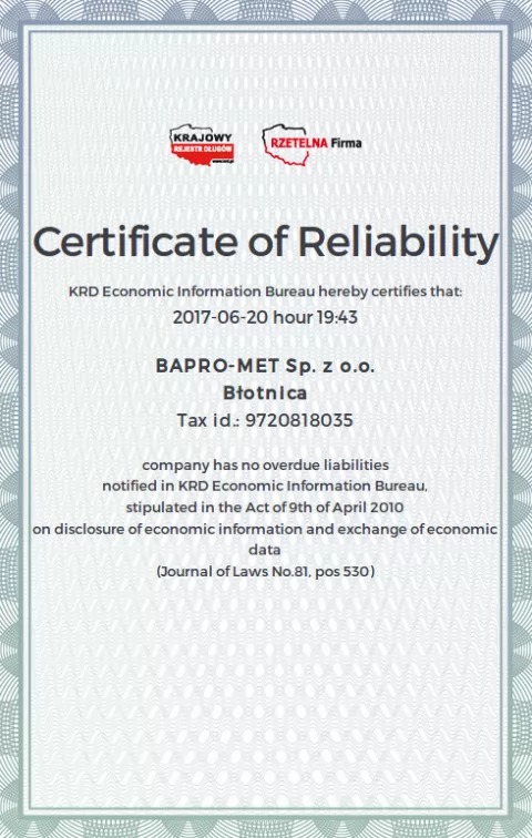 Certificate of Reliability