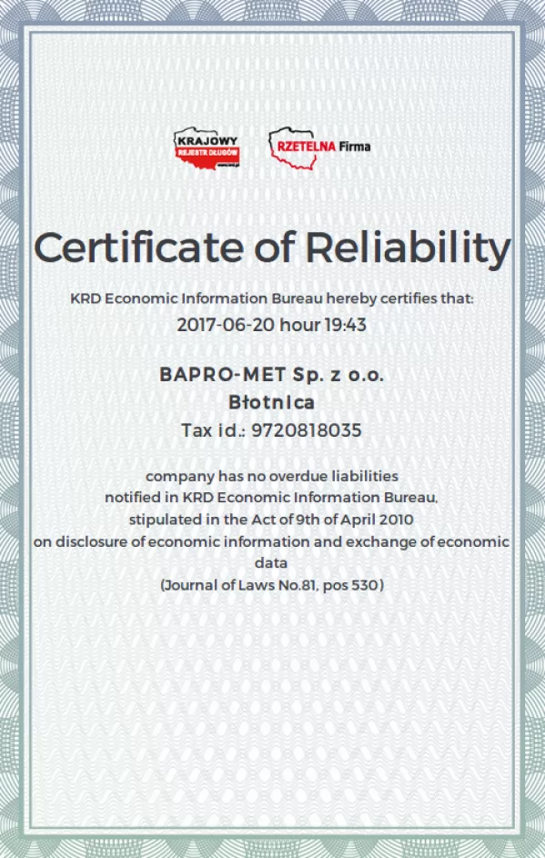 Certificate of Reliability
