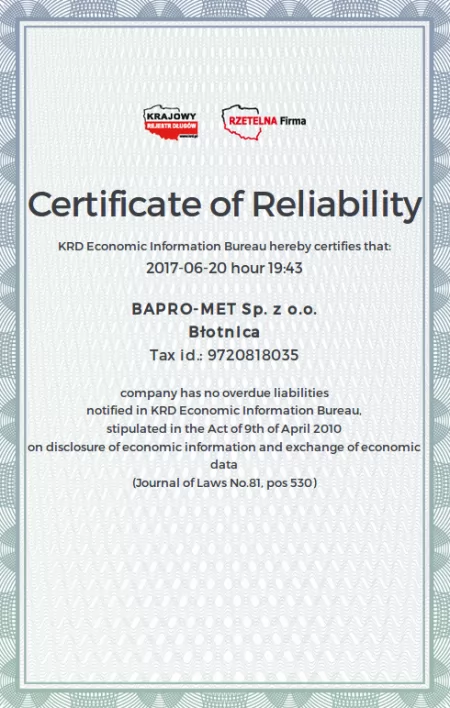 Certificate of Reliability